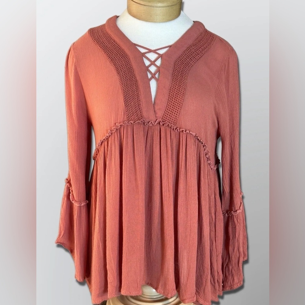Entro Blouse Boho V-Neck Long Sleeve Rayon Babydoll Dusty Rose Sz S